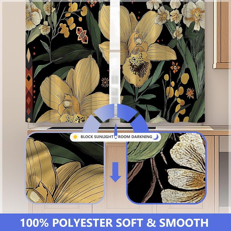 Aimego Boho Floral Kitchen Curtains - Rustic Small Short Cafe Tier Curtains for Living Room Rod Pocket Window Drapes 36 Inch Length 2 Panels Set 28"x36" - Image 5
